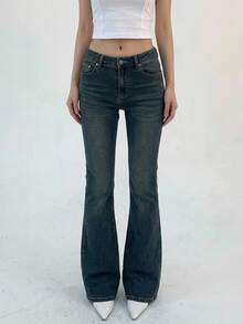 Joudiya Solid Flare Leg Jeans - Dark Wash - View 11
