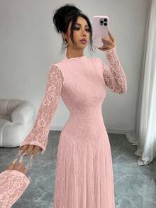 Modelyn 酒紅色設計半高領收腰顯瘦蕾絲女裝洋裝 - 粉色 - 查看 5