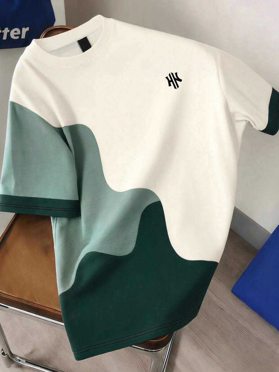SHEIN 兒童青少年男童休閒拼色拼接卡其色T恤柔軟上衣,夏季上衣,男童套裝,適合春季/夏季,情人節,約會,夏季穿搭,海灘週末,家庭聚會,返校季,婚禮季,運動,生日派對 - 彩色 - 查看 1