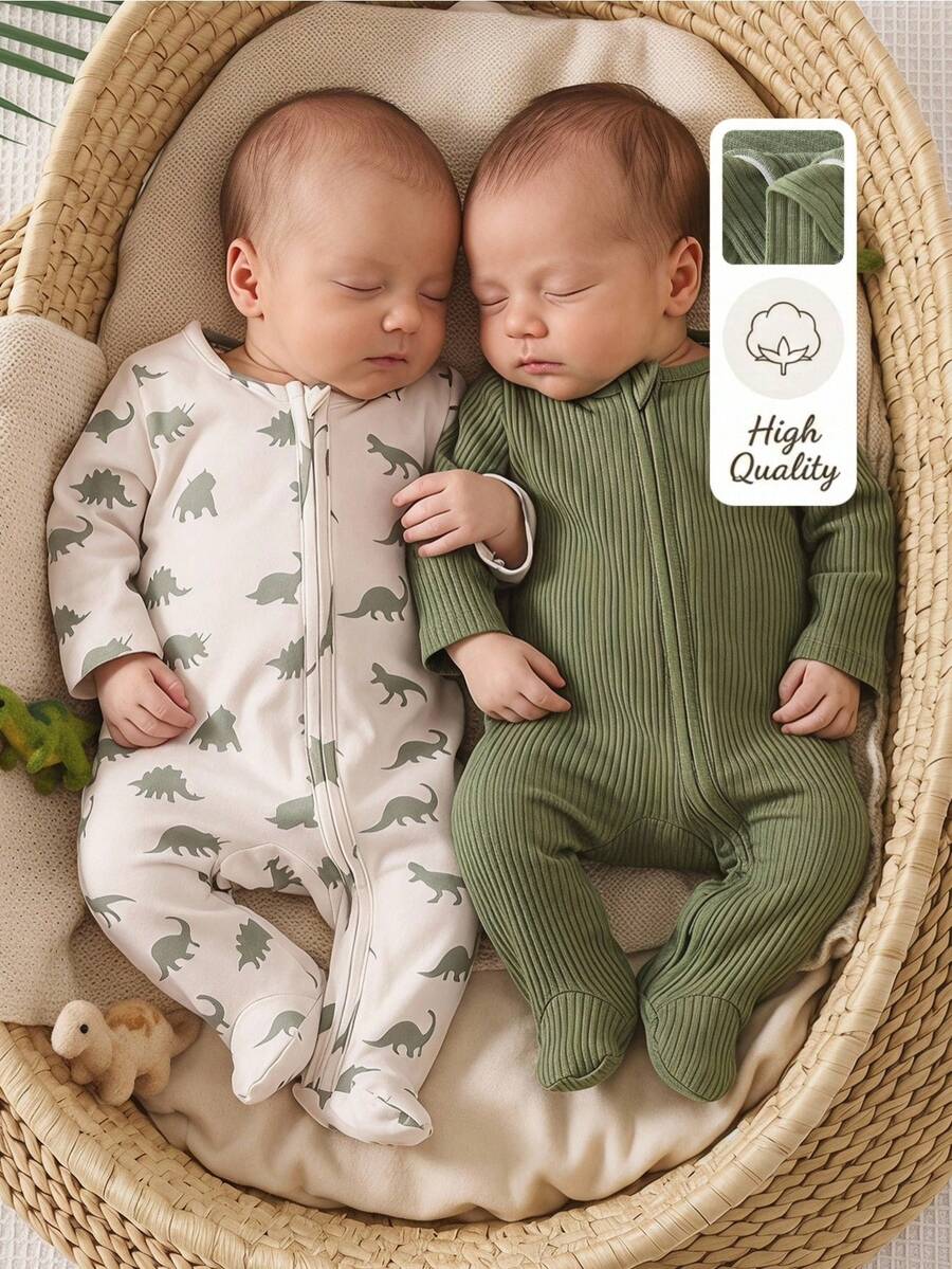 SHEIN Vintaside Kids 两件套新生男宝宝休闲针织睡衣,饰有可爱的卡通恐龙图案。这款橄榄绿和灰白印花长袖连体衣是男宝宝的必备服装。采用亲肤柔软的罗纹面料制成,让宝宝在春秋季节享受舒适的夜间睡眠。 - 彩色 - 查看 1