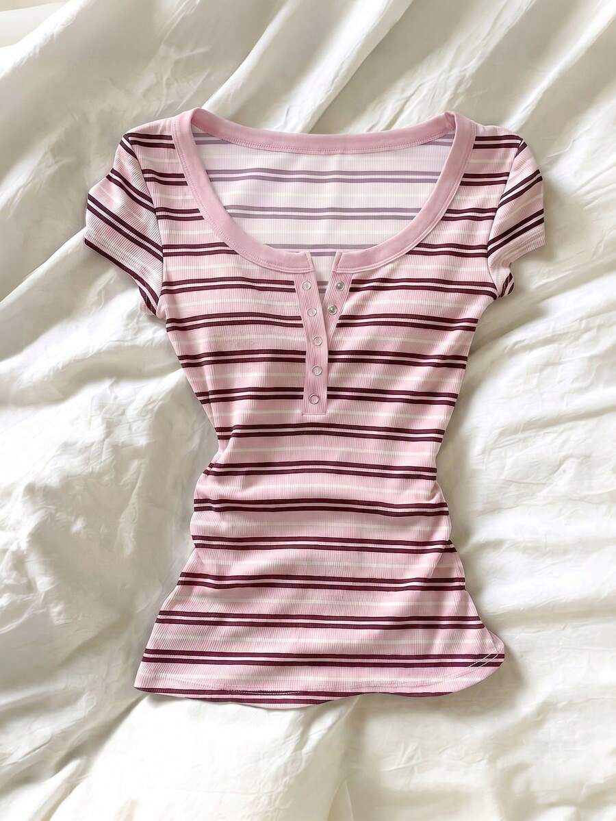 SHEIN Camiseta de manga corta ajustada con botones y rayas, casual de verano para mujer - Multicolor - Ver 1