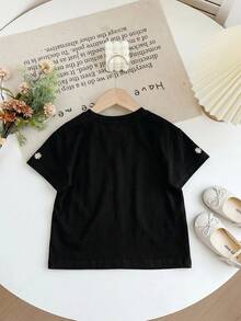 SHEIN LMoss Kids 少女針織刺繡圓領寬鬆休閒T恤 - 黑色 - 查看 2