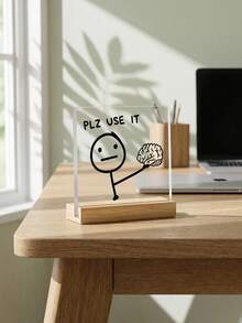 Haus Hana 1PC/2pcs/3pcs Square Acrylic Desktop Ornament With Wooden Base, Featuring A Stick Figure Design And The Phrase "Plz Use It". Makes A Great Gift For Friends. - multicolor - View 2