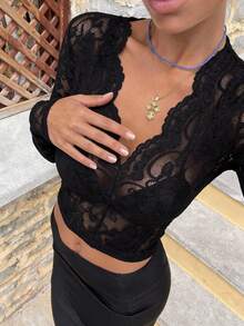 Firerie Atasan Wanita Kontras Lace Scallop Sheer Plain Seksi - Hitam - View 5