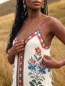 CAJUNI Women's Spaghetti Strap Printed Beach Vacation Maxi Dress Purple Floral Summer Boho - Multicolor - View 4