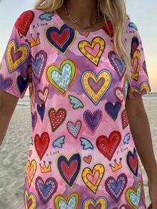 Vaclyn Summer Beach Round Neck Geometric Print Short Sleeve Cover-Up - Multicolor - View 5
