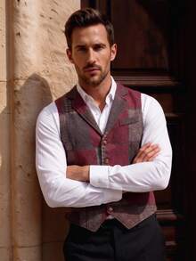 Officeau Nuevo chaleco retro de hombre con parches y contraste de colores en el cuello - Rojo - Ver 10