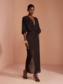 JIAN LASALA Mesh V Neck Batwing Sleeve Women Boho Dress Vacation Casual Holiday - Coffee Brown - View 5