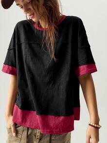 Bohemela Casual Knit Colorblock Crew Neck Short Sleeve Loose Fit Women's T-Shirt - Black - View 8