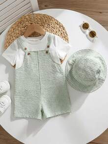 SHEIN 2件組含帽子 嬰兒男童女童 Sa251125291181638211 連身短褲吊帶褲 漁夫帽套裝 休閒度假款 適合居家、外出、海邊 - 綠色 - 查看 6