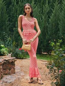 VOLUPTÉ CURVE Plus Size Summer Pink Knit Round Neck Sleeveless High Waist Bodycon Ruffle Hollow Edge Fashionable Two Piece Set For Wedding Guest Brunch - Khaki - View 2