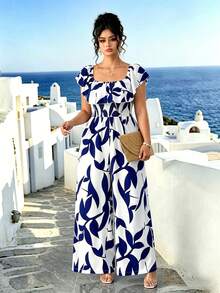 Linhara CURVE Plus Size Women's Vacation Print One-Shoulder Ruffle Gathered Jumpsuit - Navy Blue - View 3