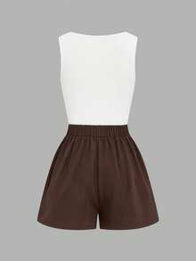 Elenzga Women's Vacation Faux Pearl Button Vest And Pleated Shorts 2-Piece Set - Brown - View 7