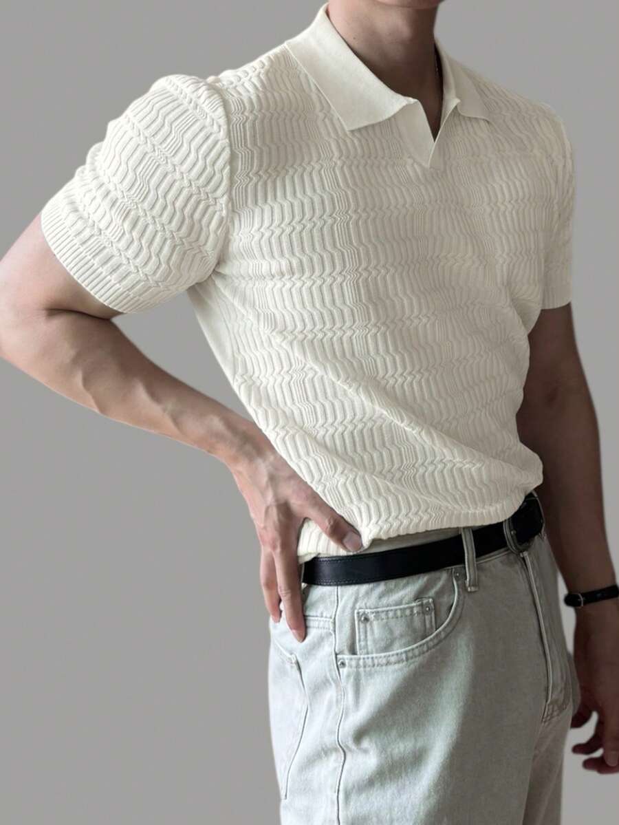 DAZY Men's Summer Casual Daily Commute Solid Color Textured Fabric Short Sleeve Polo Collar Knit Top - White - View 1