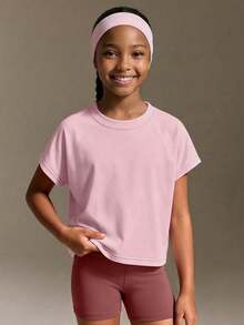 SHEIN Tween Girls Clothes Casual Sports Short Sleeve Back Hollow Out, Cute, School, Back To School - Pink - View 2