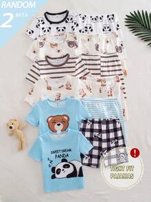 [6 Sets Randomly Send 2 Sets]Spring/Summer Young Boy Toddler Round Neck Knit Kangaroo Bear Popular Fun Pattern Digital Print Short Sleeve Shorts 2 Sets 4 Pieces Combination Casual Set Tight Pajamas Homewear - Multicolor - View 5