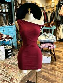 NostaNoir Women's Mini Asymmetrical Twisted Shoulder Fitted Sexy Dress Date Night Night Out Burgundy Summer - Burgundy - View 4