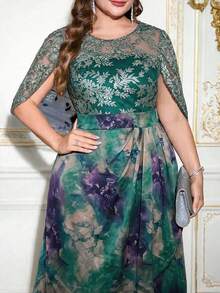Ellevyn Plus Size Women Floral Jacquard Mesh Sleeve Elegant Dress - Green - View 2