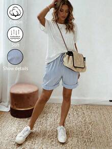 EMERY ROSE Women's Loose Striped Shorts With Pockets, Casual Vacation Style - Blue and White - View 5