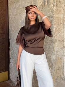 Jeta Ari New Spring/Summer Brown Satin Lace-Trimmed Waist-Cinching Blouse For Women. A Modern Retro-Style, Luxurious, Silky Brown Short-Sleeved Blouse With Lace Sleeves. Perfect For Casual Office Wear, Daily Commutes, Dates, And Parties.,Summer Top - Brown - View 5