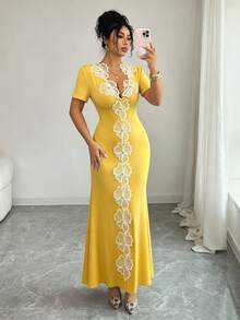 Elenzga Women's High Waist Short Sleeve V-Neck Long Dress Party Butter Yellow Summer Disco Sexy - Yellow - View 3