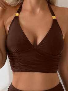 Swim Lushoire 2件組女款素色肩帶露背上衣與高腰比基尼泳褲，配金色飾品，海灘度假比基尼套裝 - 咖啡棕 - 查看 5