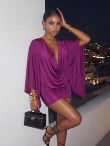 Slaydiva Fuchsia Cowl Neck Bell Sleeve Bodycon Mini Dress Draped Satin Look Party Club Vacation Dress For -A - Purple - View 6