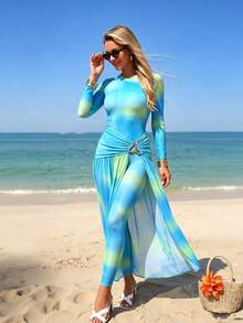 Swim Shayni 优雅的蓝绿色女士长袖连体裤和薄纱裙套装 - 不对称金属扣和长裤款式，是度假或节日场合的理想之选 - 彩色 - 查看 3