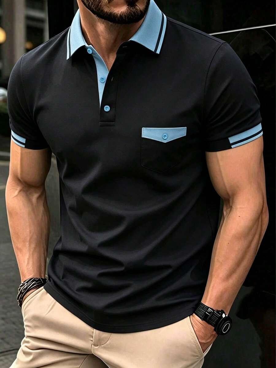 Manfinity Homme 男士休閒通勤拼色短袖 Polo 衫,黑色夏季基礎款商務休閒高爾夫衫 - 黑色 - 查看 1