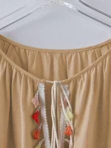 SHEIN LUNE 大尺碼女款法式休閒優雅印花長袖襯衫 - 卡其色 - 查看 4