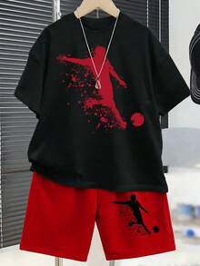 春夏衣著，春秋休閒時尚創意個性清爽高端極簡主義足球員剪影墨點圖案印花休閒風基本款黑色短T恤與紅色短褲套裝，舒適日常穿著，舒適夏季風格，適合春夏男孩氛圍穿搭套裝 - 彩色 - 查看 4