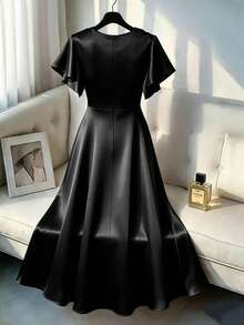 GlowEve CURVE Plus Size Summer Elegant Solid Color Cowl Neck Ruffle Sleeve Dress - Black - View 2
