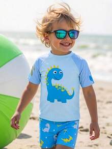 SHEIN 2pcs Kids Boys Casual Versatile Cute Dinosaur Print Round Neck Short Sleeve Swimsuit & Gradient Palm Tree Print Swim Trunks Set - Blue - View 4