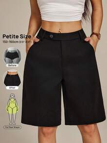 SHEIN PETITE Modichic Casual Solid Slant Pocket Bermuda Shorts - Black - View 2