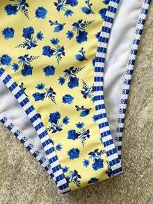 Swim SPRTY 2pcs/Set Pakaian Pantai Musim Panas Wanita, Atasan Tali Bahu Motif Acak Warna dan Bawahan Bikini Pinggang Tinggi - MultiWarna - View 7