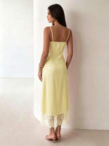 Modelyn Women's Spring/Summer New Lace Patchwork V-Neck Maxi Elegant Spaghetti Strap Vacation Dress Pale Yellow - Yellow - View 3
