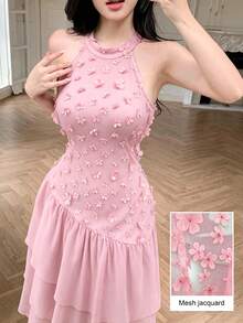 Modelyn Halter Neck 3D Floral Mesh Patchwork Multi-Layer Chiffon Pink Dress - Pink - View 2