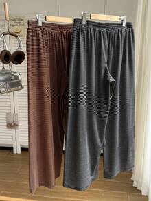 Comfortcana Pantalones holgados de cintura elástica con cordón y patrón a rayas, 2 piezas, talla grande, negro y marrón - Multicolor - Ver 2