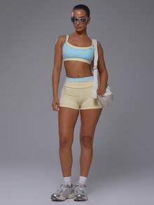 Musera Sport Sport Lemon Fruit Print Scoop Neck Double Layered Contrast Pastel Colour Adjustable Strap Soft Active Sports Bra - Blue - View 5