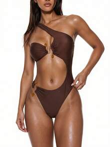 Oceva 26SS Ropa de playa para mujer primavera/verano, de una pieza, diseño elegante romántico sexy con corte asimétrico y calado, estilo BOHO bohemio con hebilla decorativa de metal acrílico - Marrón - Ver 6