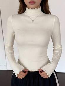 DAZY Solid Mock Neck Tee Long Sleeve Women Tops - Apricot - View 12