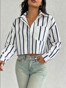 SHEIN 女款直條紋圖案時尚休閒長袖襯衫 - 藍白色 - 查看 5
