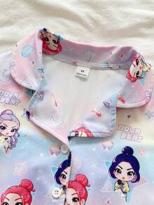SHEIN 夏季女童幼童粉紫色阻燃牛奶絲面料甜美可愛音樂搖滾女孩印花短袖短褲舒適2件套家居服2件套 - 紫色 - 查看 5