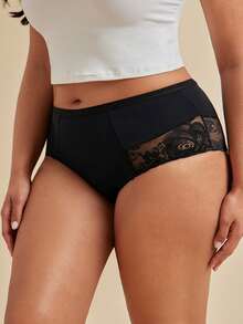 SHEIN BAE CURVE 纯色对比蕾丝大码内裤性感内衣，一体式 - 黑色 - 查看 5