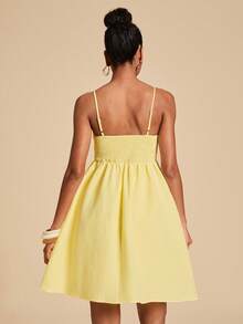 Travachic Women's Solid Color Beaded Strap Short Dress Beach Vacation Lemon Yellow Summer Boho - Yellow - View 2