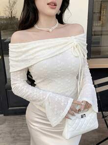 Feyla 女款素色方領喇叭袖修身長袖T恤 - 杏色 - 查看 8