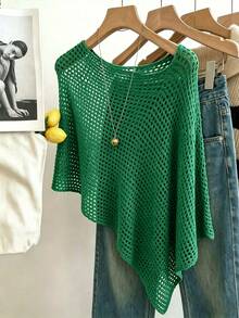 SHEIN PariChic Sweater Berlubang Semi-Transparan Leher Bulat dengan Hem Asimetris, Warna Hijau Aqua, Gaya Liburan Musim Panas Boho - Hijau - View 3