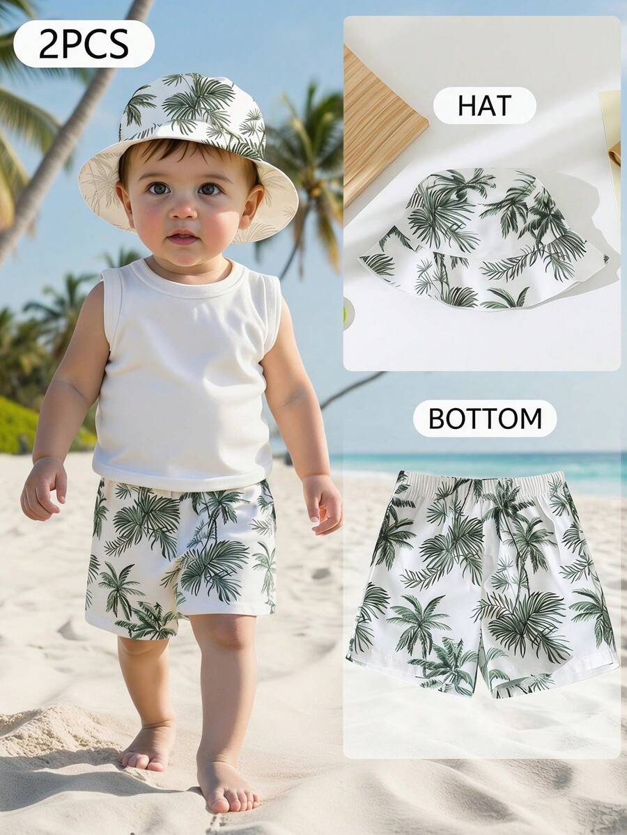 SHEIN Playful Pals Baby Boy Summer Beach Vacation Palm Pattern Shorts + Hat Set,Holiday Outdoor - Green - View 1