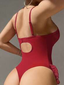 SHEIN Conjunto sexy de 3 piezas con mono de encaje y malla con cordones y volantes, con medias de red - Burdeos - Ver 2