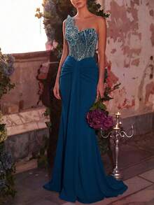 Glamrae Elegant Luxurious Beaded Sequin Floral Design Patchwork Stretch Knit Ruched Mermaid Skirt, Suitable For Wedding Events, Bachelorette Parties, Vacations, Proms, Evening Gowns (Heavy Workmanship Style) - Peacock Blue - View 6